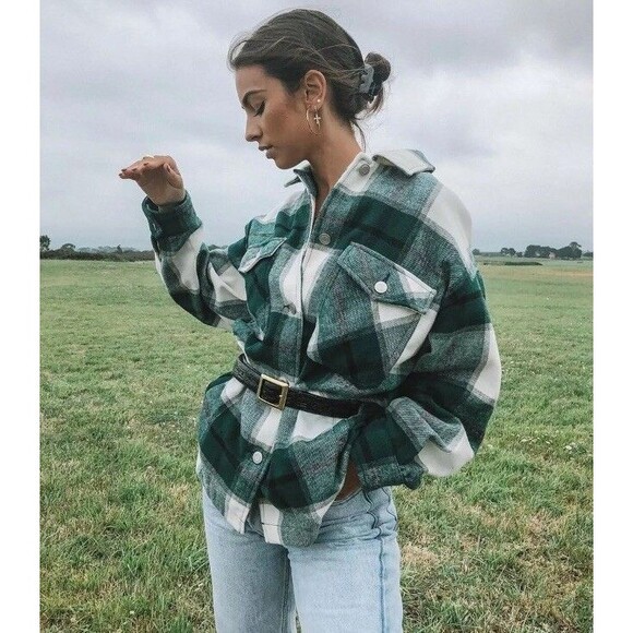ZARA Oversize Plaid Shacket Wool Blend Jacket Women M Green White Flannel Layer - Picture 6 of 16